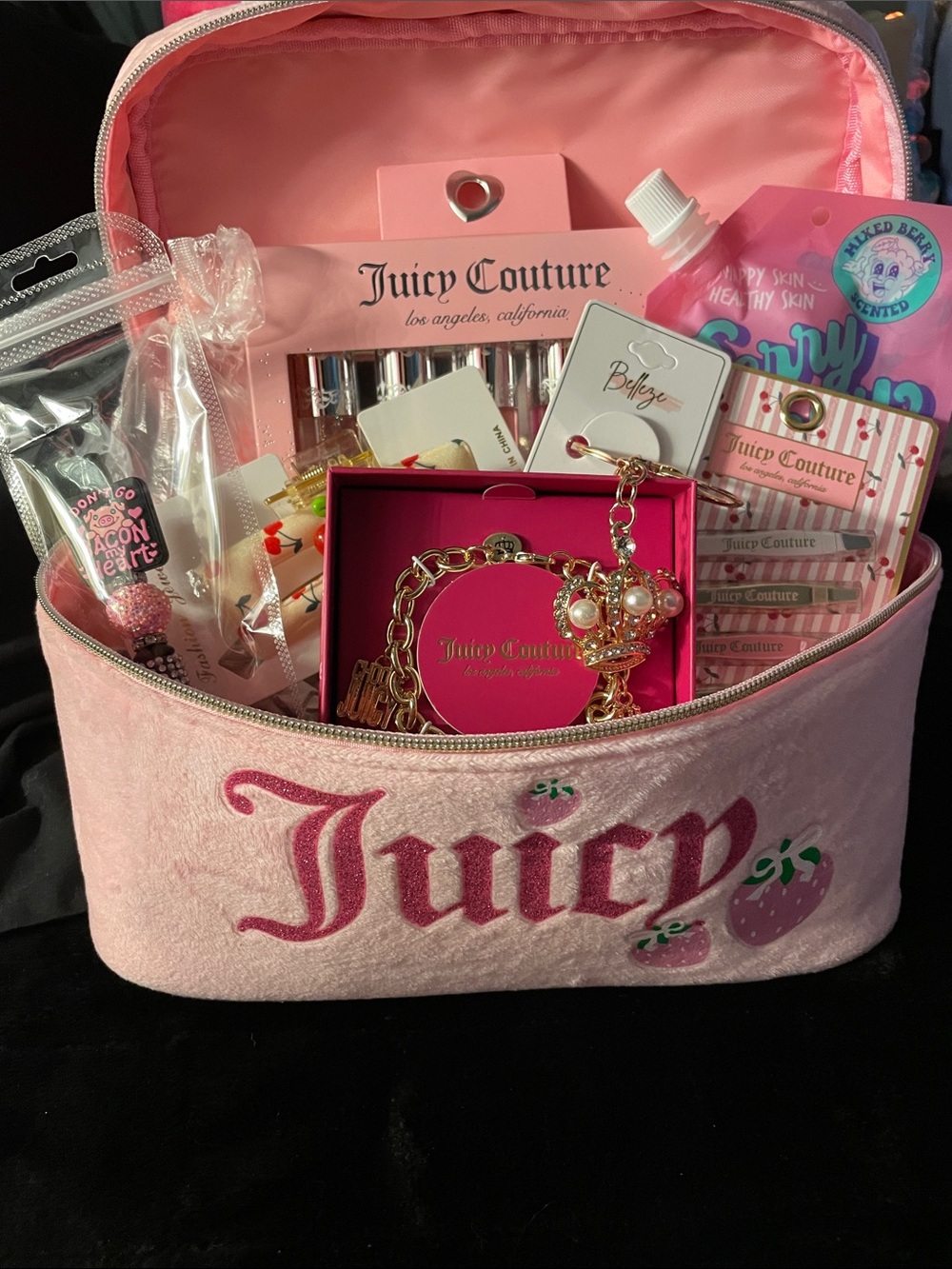 Juicy Couture Pink Plush Cosmetic Train Case with Gold Accent Charm